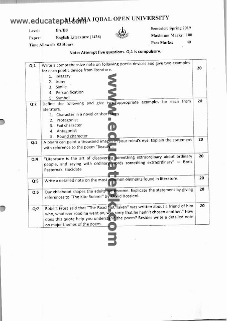 Aiou BS Chemistry Code 1426 Past Papers