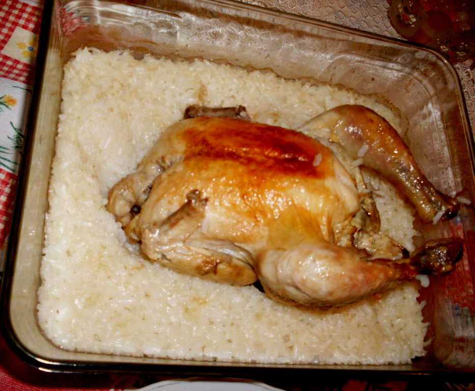 Albanian Homemade Food Roast Chicken with Plain Rice (Pilaf)