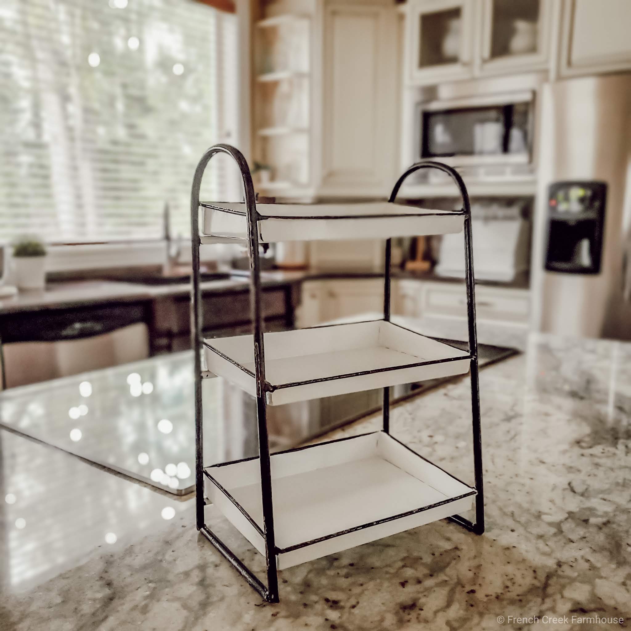 How to Style a Tiered Tray Black and white enamel three tiered tray