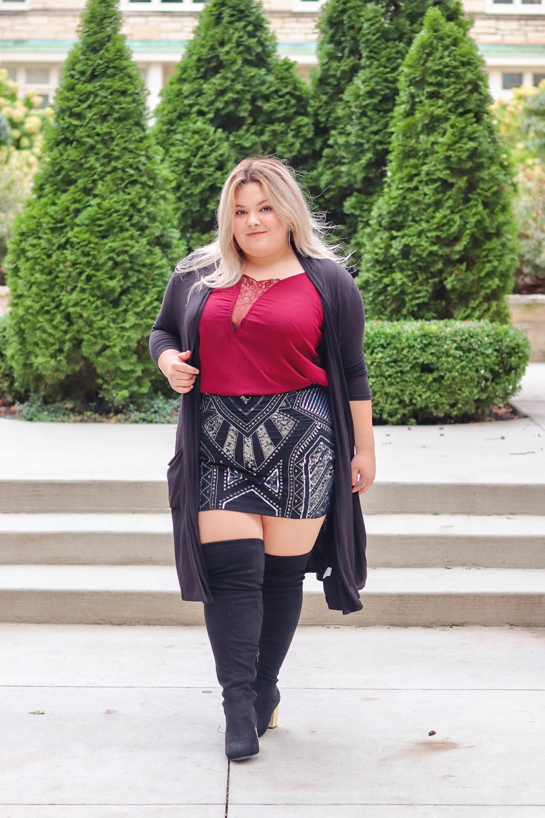 wide calf boots, wide calf knee high boots, natalie in the city, plus size holiday looks, oversized cardigans, plus size affordable clothes, curvy fashion, curves and confidence, torrid, blogger review, lace tank tops, sequin skirts, sequins for fall 2017, Chicago blogger, Chicago fashion, plus size fashion blogger
