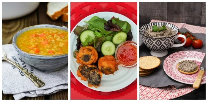 Scottish starters - lentil soup, haggis bites and mushroom & chestnut pate