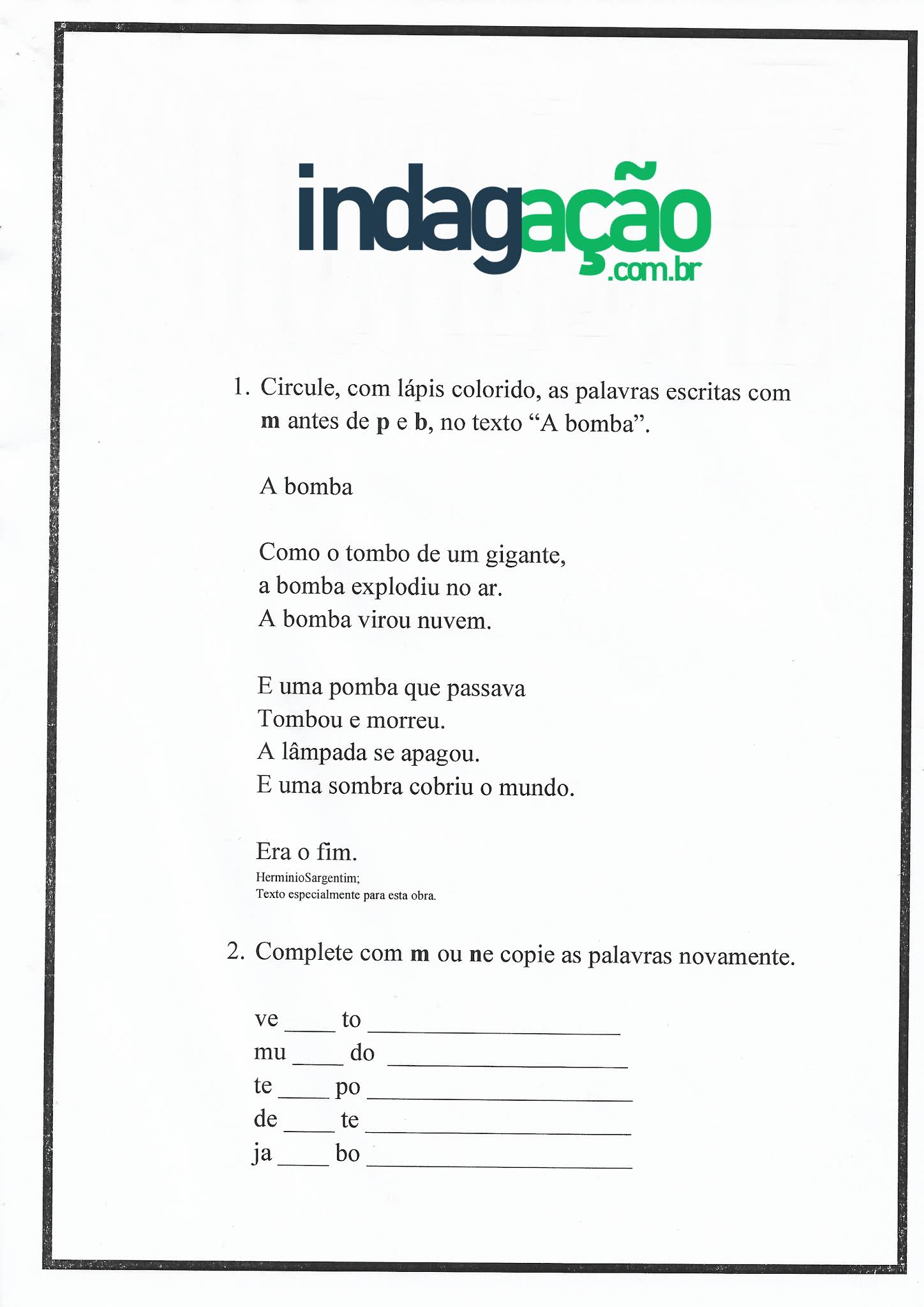 Atividade De Portugues M Antes De P E B Para Ensino Fundamental Indagacao