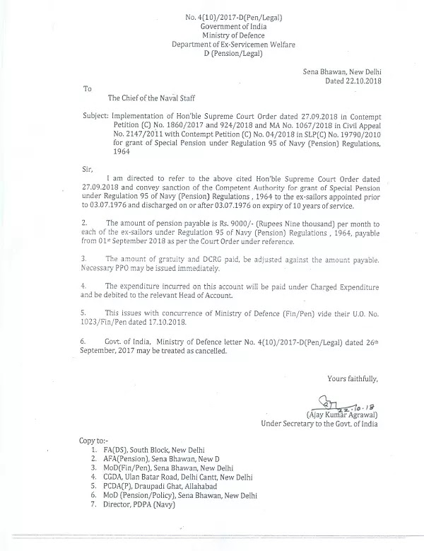 Grant of Special Pension under Regulation 95 of Navy (Pension) Regulations, 1964 – Implementation of Hon’ble Supreme Court Order dated 27.09.2018 Grant of Special Pension under Regulation 95 of Navy (Pension) Regulations, 1964 – Implementation of Hon’ble Supreme Court Order dated 27.09.2018
