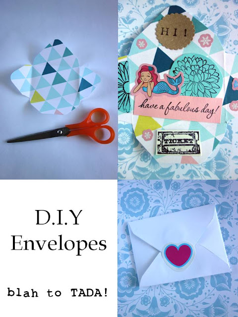 DIY envelopes, how to make your own envelopes, envelope template, repurpose old envelopes, stationery, handmade stationery, snail mail, how to use gift wrap remnants, scrapbooking, rubber stamps and ink pad, paper crafts,stickers, cardstock, cardboard crafts, pencil, scissors