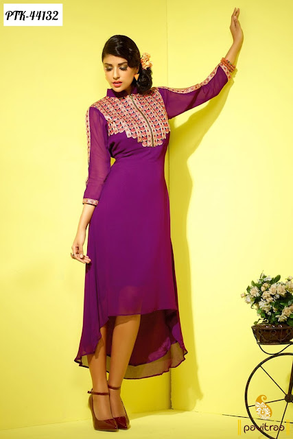 Festival discount offer on magenta georgette embroidery kurti online shopping