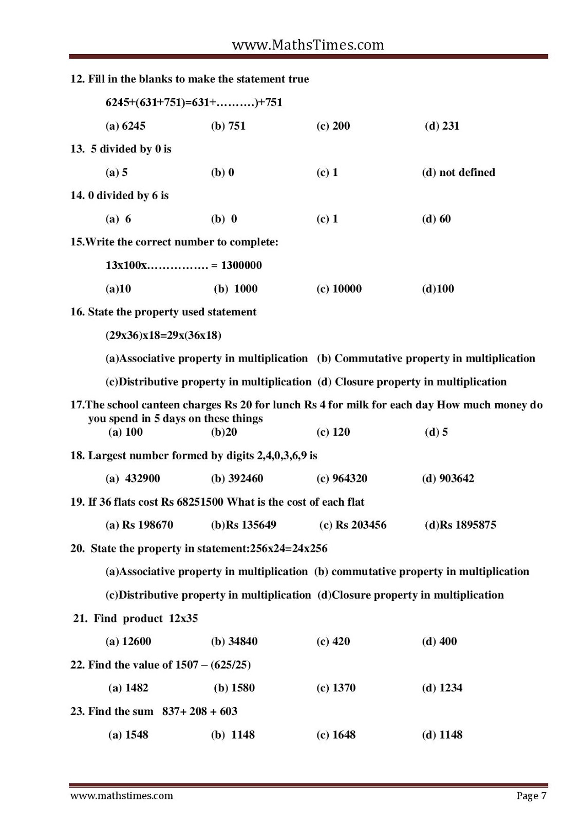 Worksheet For Whole Numbers Class 6