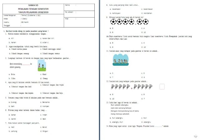 Soal UTS Kelas 1 SD/MI: Tema 2 Subtema 1 dan 2