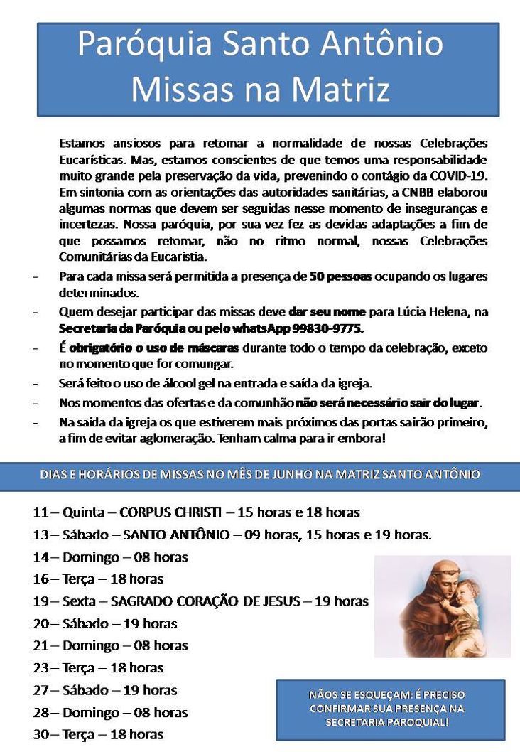 NOVO PROTOCOLO PARA MISSAS NA PARÓQUIA DE S. ANTÔNIO