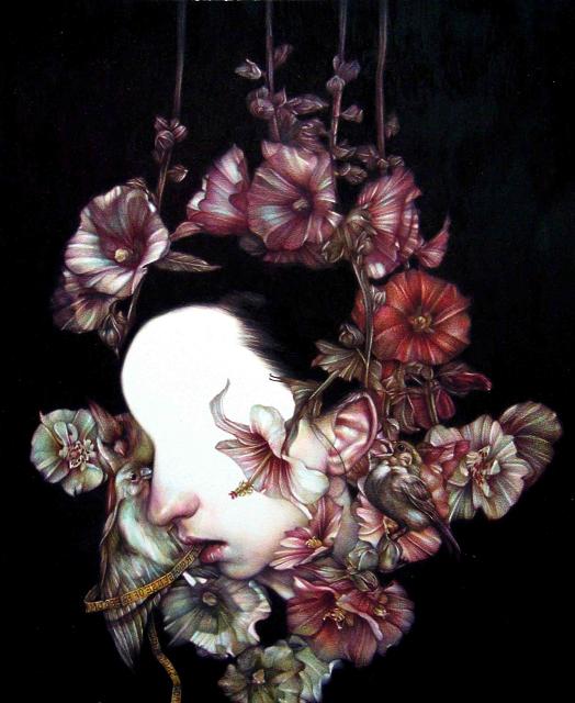 marco mazzoni rostos de mulheres sem expressão adornados natureza flores borboletas pássaros