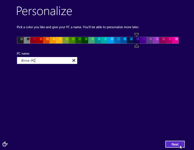 pilih latar warna yang diinginkan beserta masukkan nama PC windows 8