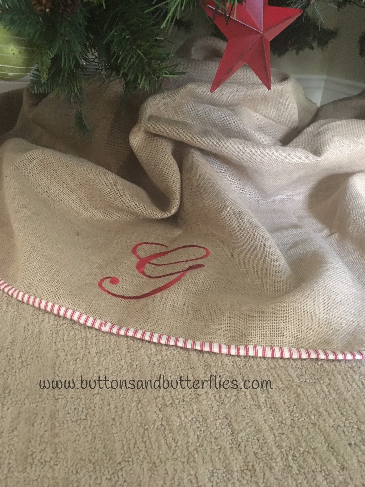 Buttons and Butterflies Monogrammed Burlap {Tree Skirt}