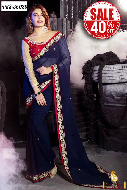 Women's Day Special Dhamaka Sale Offer Flat 40% Off On Cobalt Blue Georgette Bollywood Sarees Online Shopping at Pavitraa.in