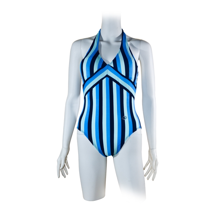 FASHION CARE 2U S109 Blue Stripes Halter One Piece Swimsuit Swimwear L