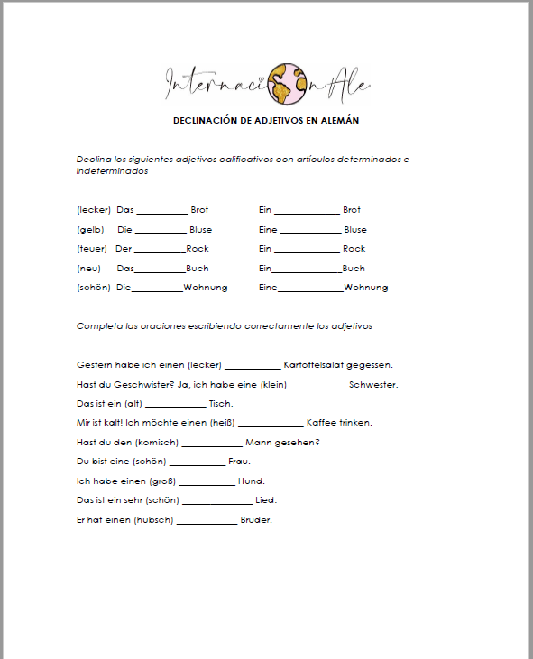 Declinacion De Adjetivos En Aleman EJERCICIOS DECLINACIÓN DE LOS ADJETIVOS CALIFICATIVOS EN ALEMÁN