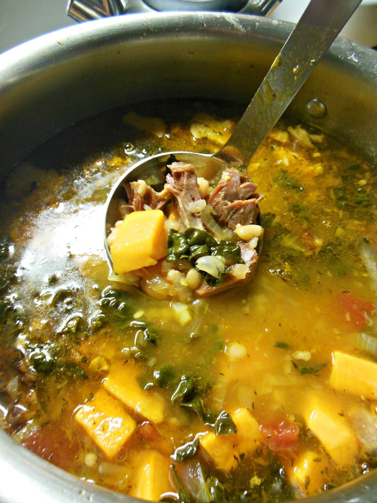 Ham Bone Soup with White Beans, Sweet Potatoes and Kale Scratch Made