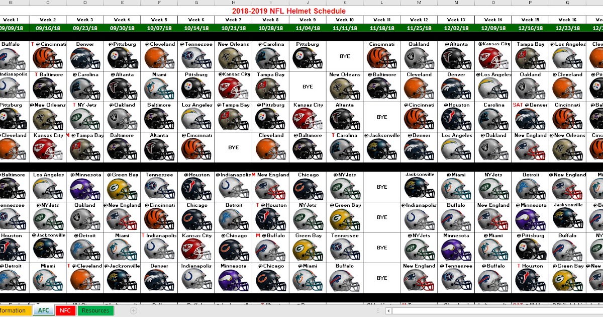 Nfl schedule helmet spreadsheet excel Excel Spreadsheets Help: 2018 NFL Helmet Schedule Spreadsheet