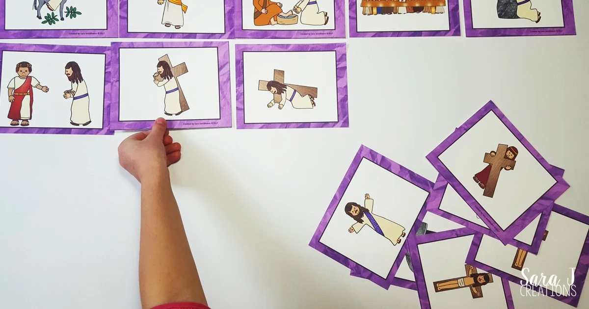 Free Holy Week matching card game to help children learn about and sequence the events leading up to Easter Sunday.