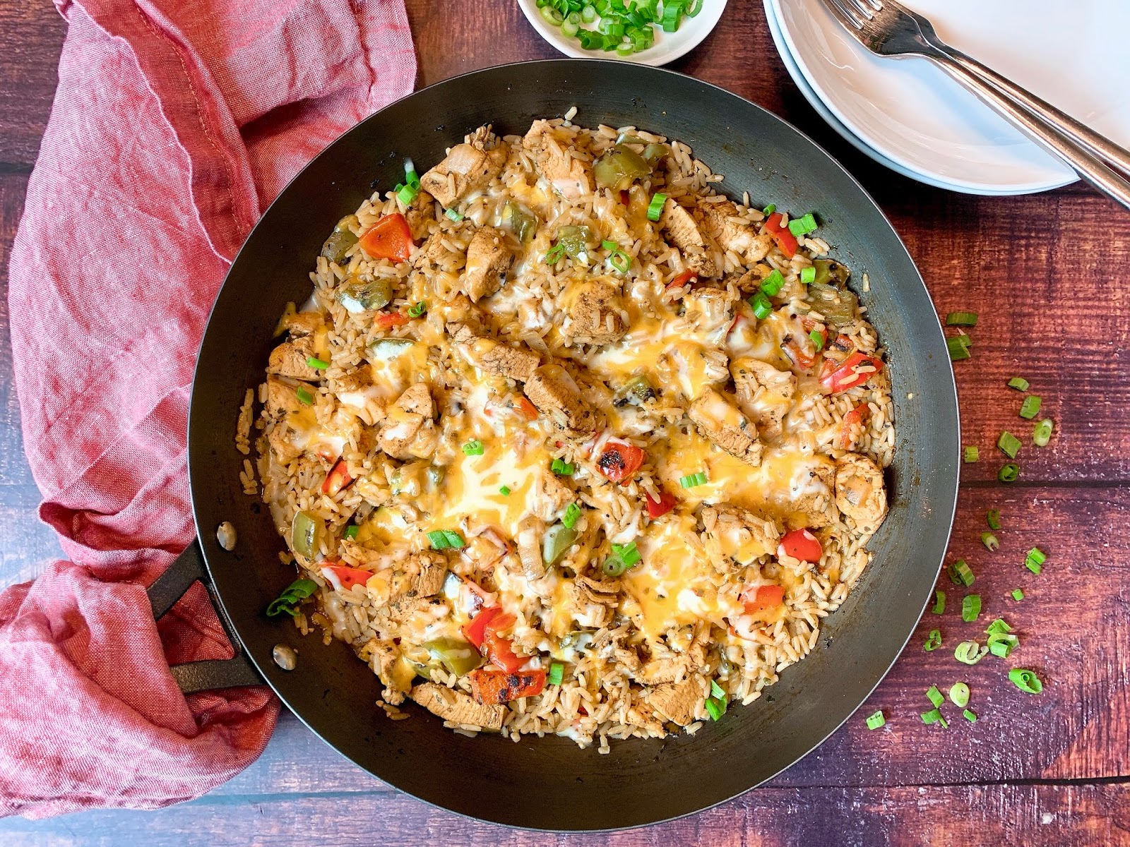 One Skillet Chicken and Rice with Bell Peppers and Cheese