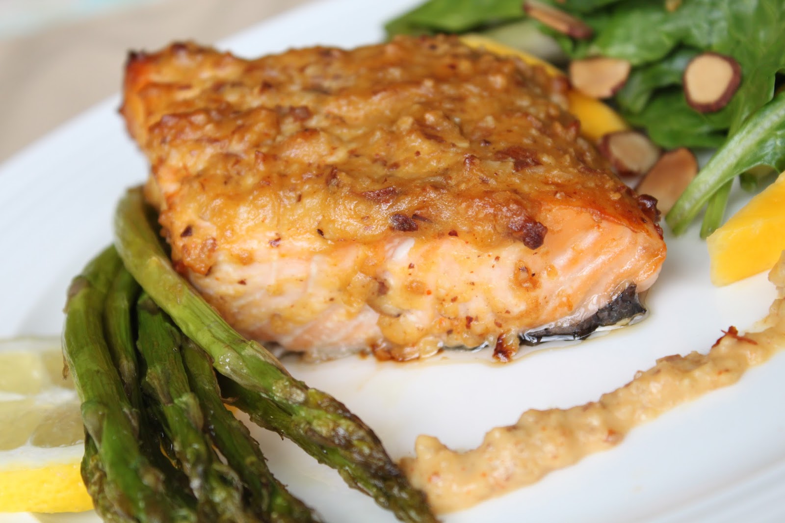 Almond Crusted Salmon with Roasted Asparagus and Mango Spinach Salad