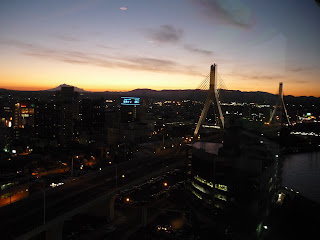 View of sunset, Aomori Bay Bridge and toyoko hotel from Aspam center