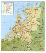 (Kaart Nederland: CIA) nederland kaart map cia relief west europa topografie amsterdam belgie duitsland reizen vakantie rijn maas schelde