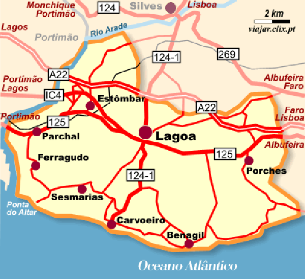 Mapa da região de Carvoeiro e Lagoa – Portugal