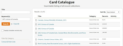 Screen capture of searching the Ancestry.ca card Catalogue for the "1871 census of canada".