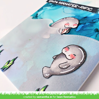 You're Manatee-rific Card by Samantha Mann for Lawn Fawnatics Challenge, Lwn Fawn, Manatee, Alcohol Inks, Cards, Card Making, Handmade Cards, Die Cuts, #lawnfawnatics #lawnfawn #alcoholinks #manatee #cardmaking #handmadecards