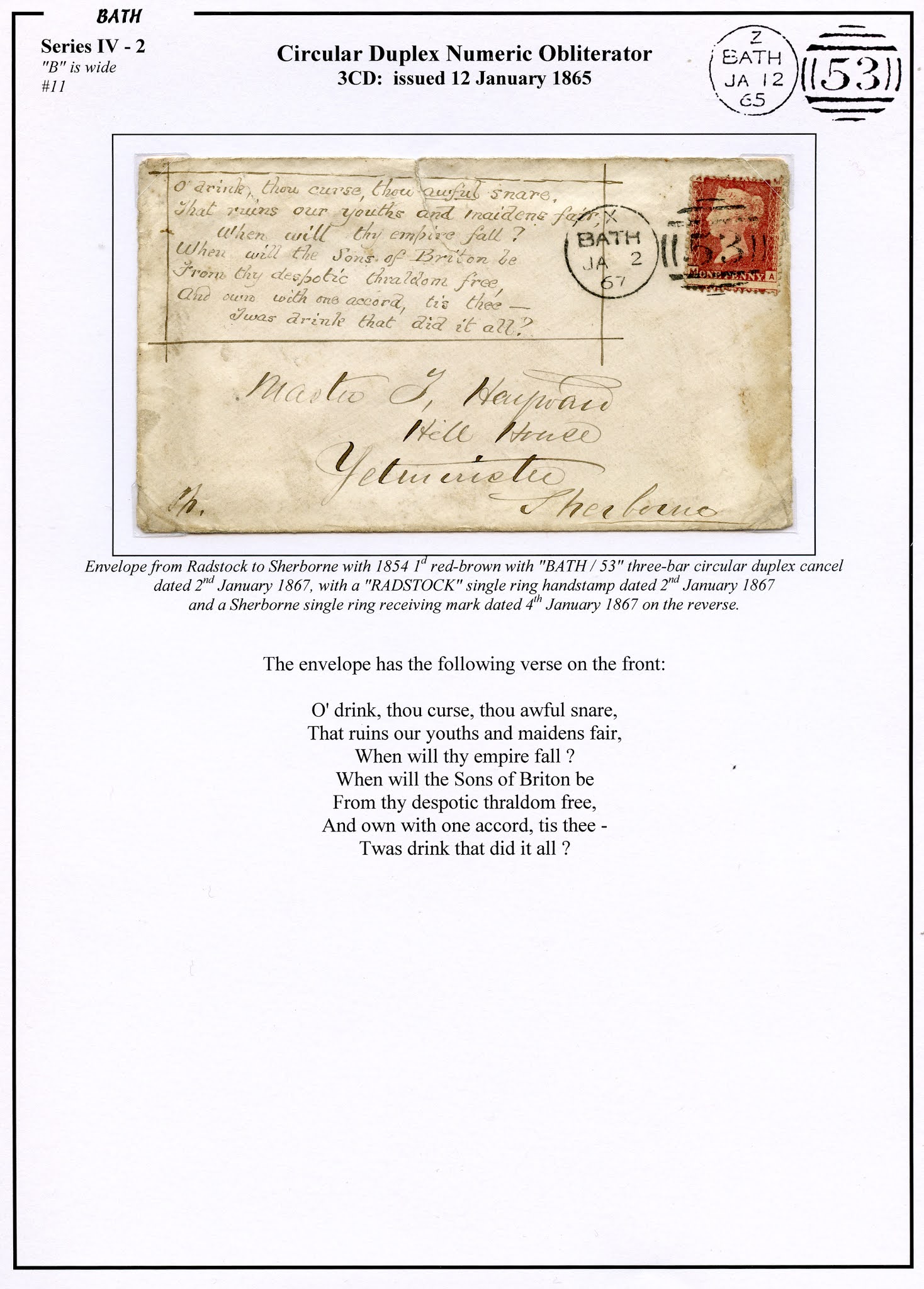 Somerset (& Bristol) Postal History Bath 1867 3Bar Circular Duplex