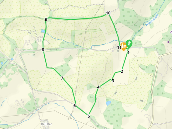 Map for Walk 6: The Wildhill Loop  Created on Map Hub by Hertfordshire Walker  Elements © Thunderforest © OpenStreetMap contributors  Note: There is a larger, more-detailed map embedded at the end of these directions