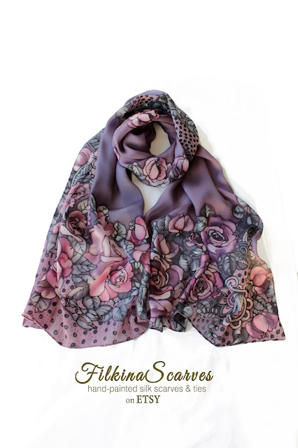 ORDER in my ETSY shop.Purple Roses Silk chiffon scarf | OOAK HAND-PAINTED | Wedding Gift Idea | Summer scarf ORDER in my ETSY shop #giftforher #womensfashion #silkscarf #fashionaccessory #batik #ooak #weddinggifts #filkinascarves