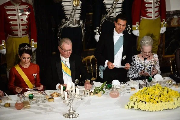 Crown Princess Mary attended gala banquet at Royal Place, Princess Mary diamond tiara, earrings