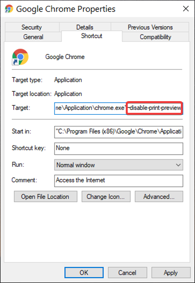 Chrome отключить предварительный просмотр печати