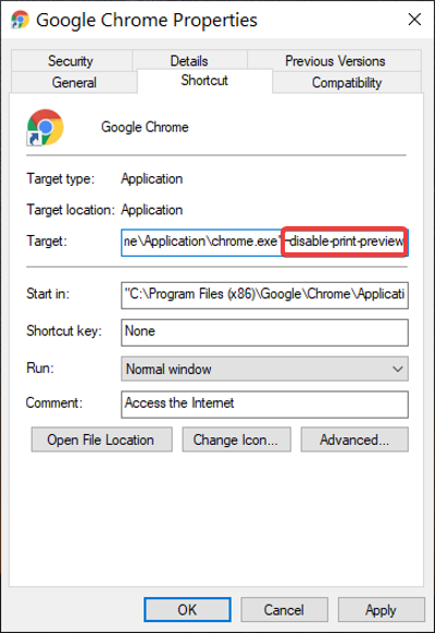 chrome ปิดการใช้งาน-พิมพ์-ดูตัวอย่าง