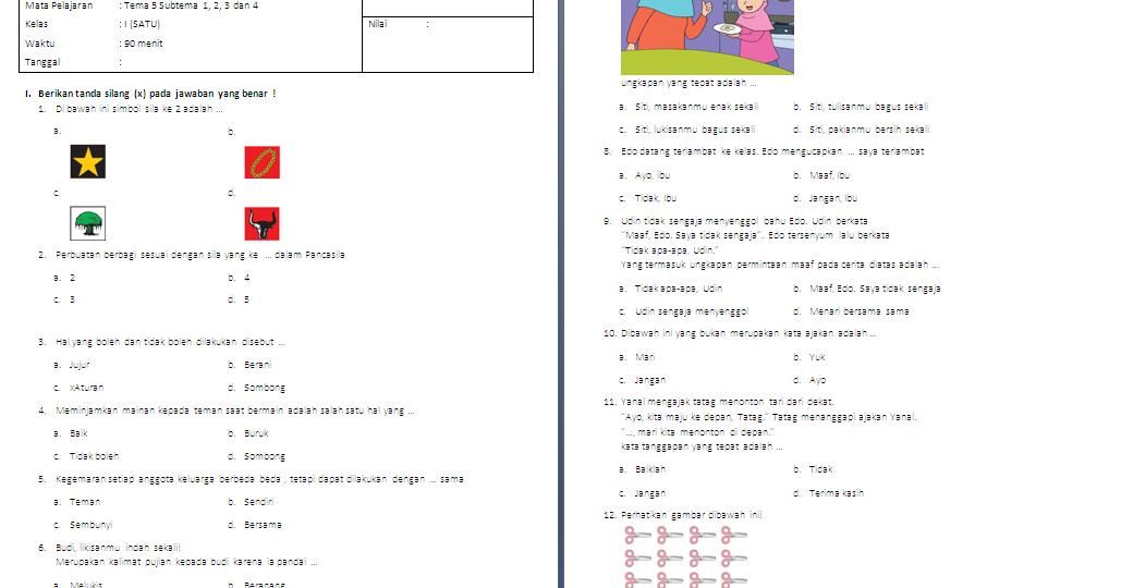 Soal Penilaian Akhir Semester (PAS) Kelas 1 SD/MI: Tema 5 - antapedia.com