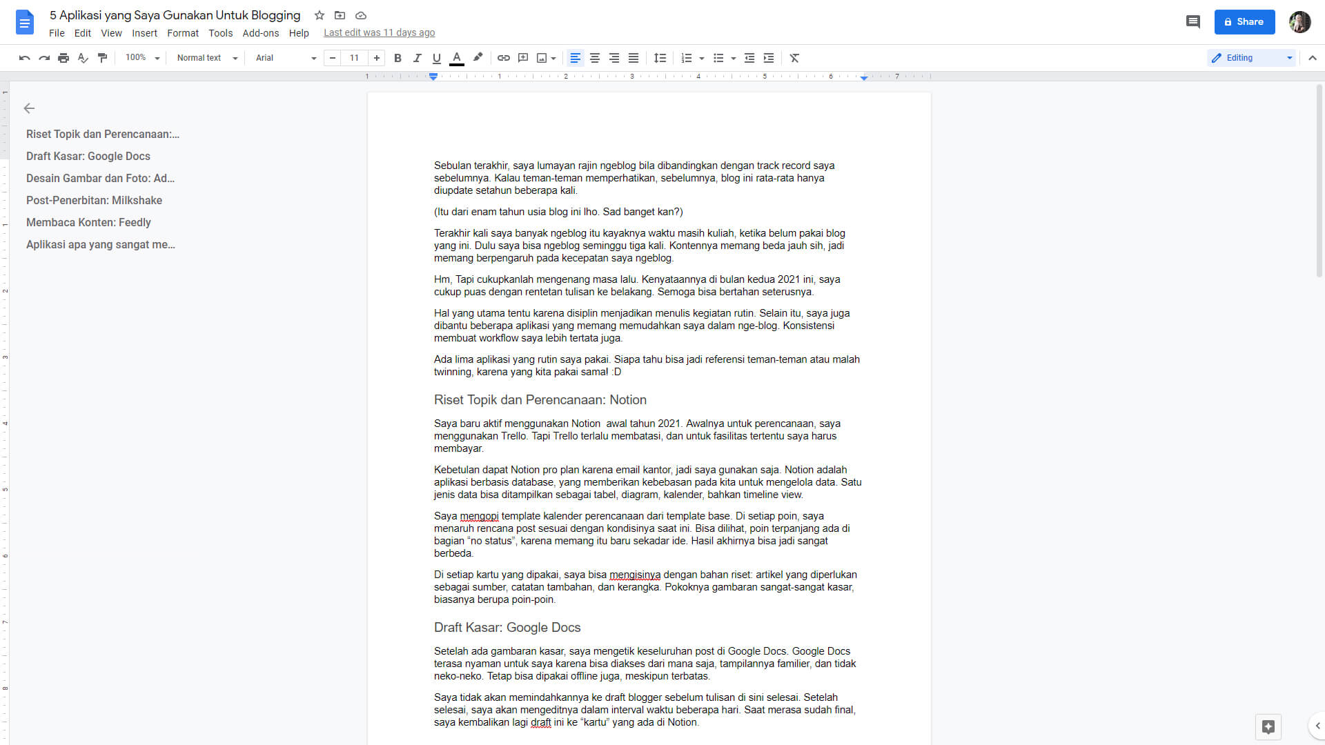 Menggunakan google docs untuk draft blogging.