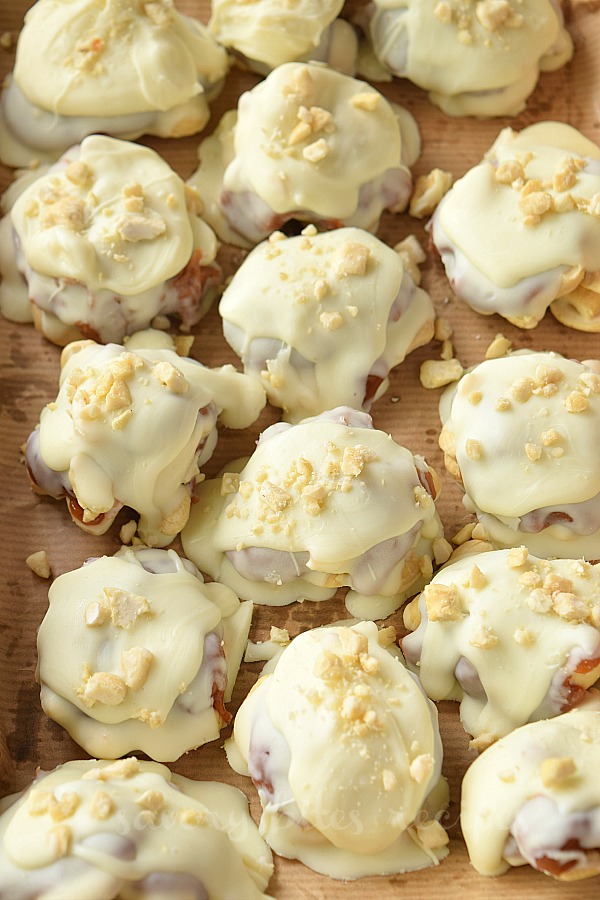 a tray with caramel cashew clusters