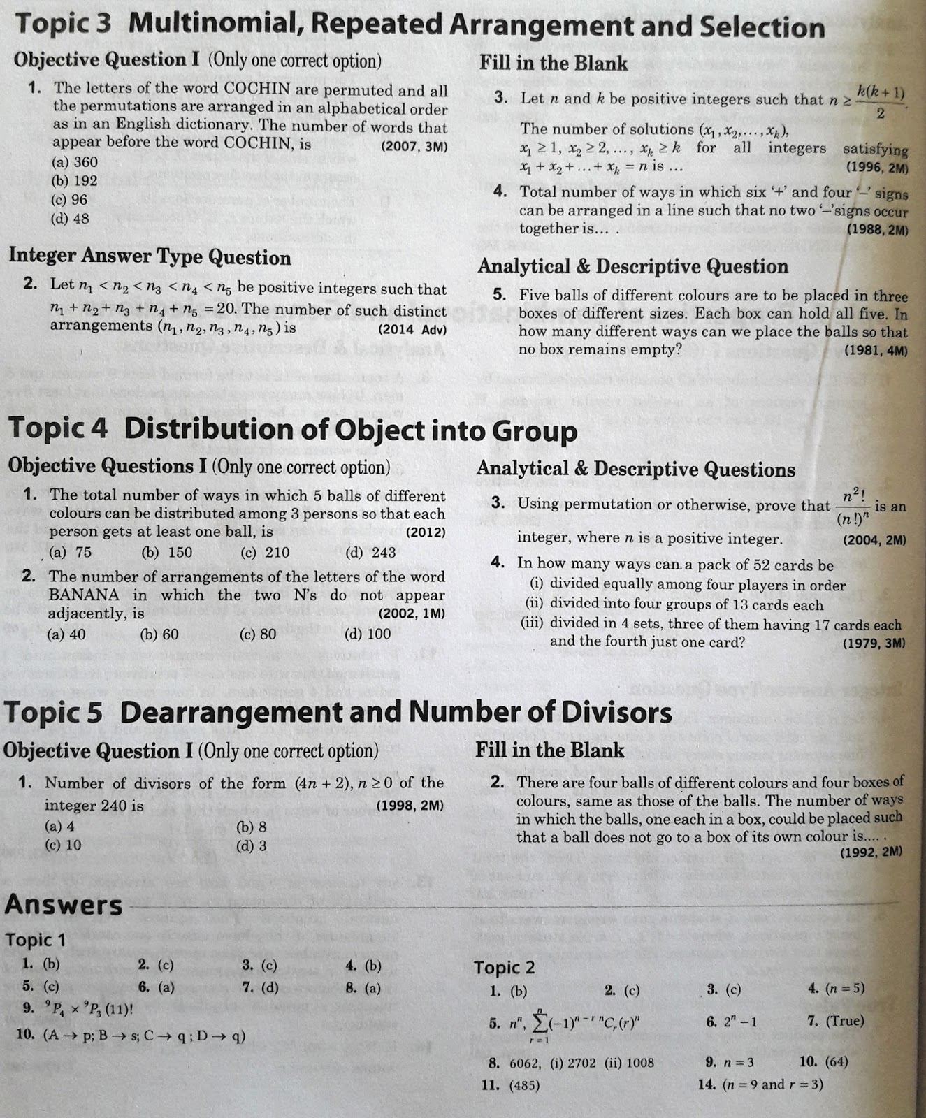 Permutation and Combination JEE Advanced 38 Year Previous Year