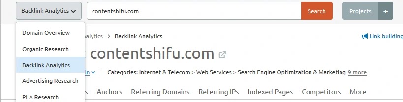 สำรวจดู backlink ของคู่แข่ง - Backlinks Analytics - SEMrush