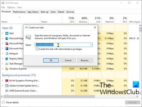 Apri Sicurezza di Windows tramite Task Manager
