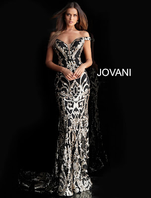 Black/Green Off the Shoulder Embellished Jovani Red Carpet Dress