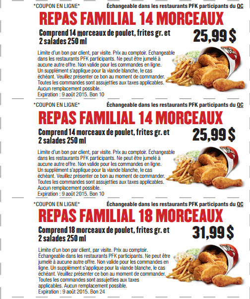 10 repas familiaux à rabais chez PFK Québec Coupons au Québec