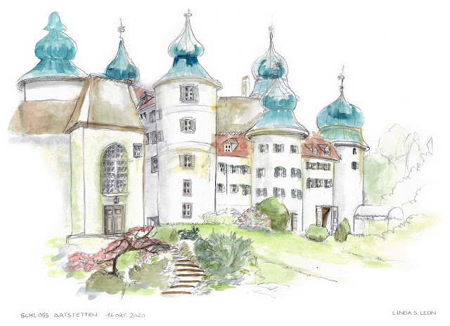 Schloss Artstetten - Wachau (Austria) watercolor sketched on location oct. 2020 by Linda S. Leon