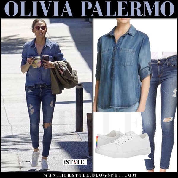 Olivia Palermo in denim shirt and ripped jeans in New York on June 24 ~ I  want her style - What celebrities wore and where to buy it. Celebrity Style