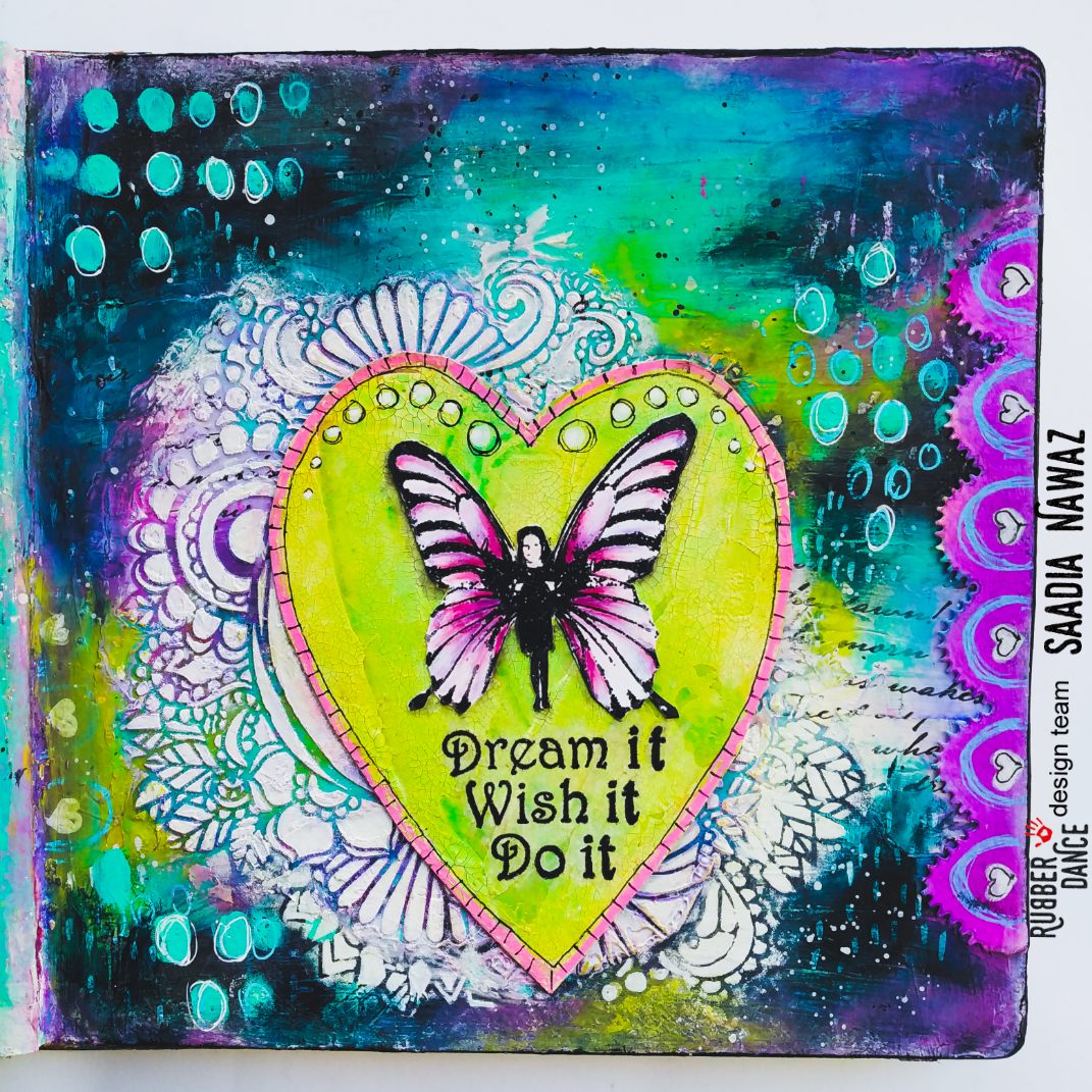 A journal spread with Butterfly girl 1 by Saadia Nawaz