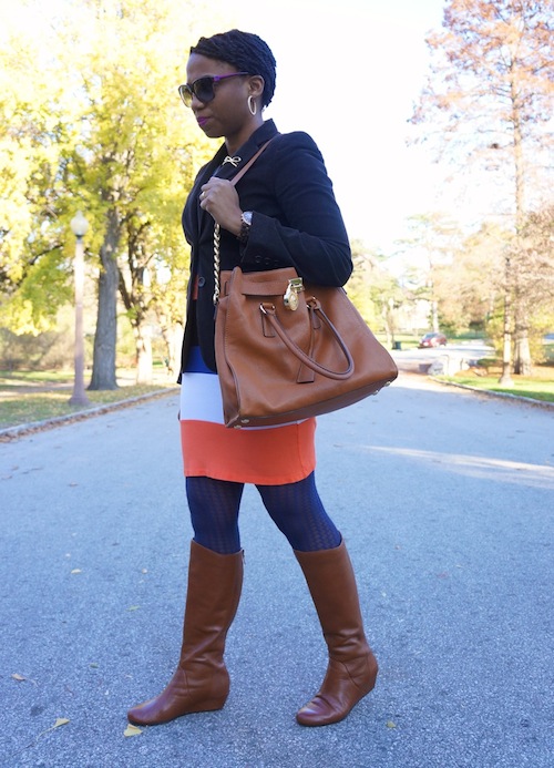Brown Corduroy Blazer & Colorblocked Dress - Economy of Style