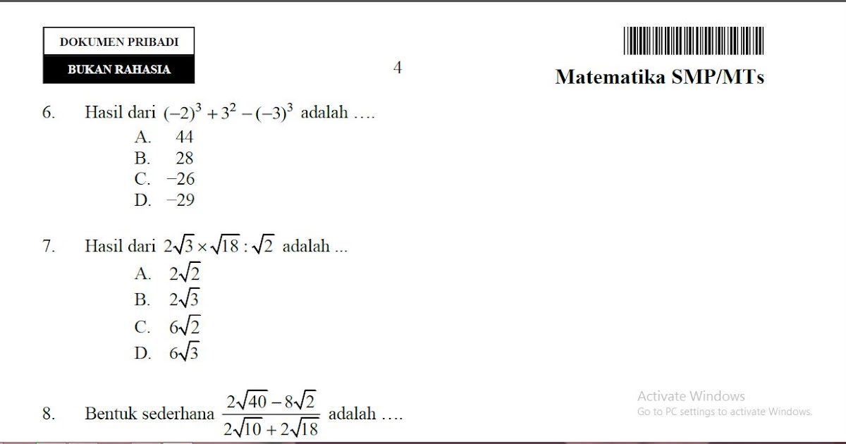 Contoh Soal Un Matematika Smp 2019 Dan Pembahasannya