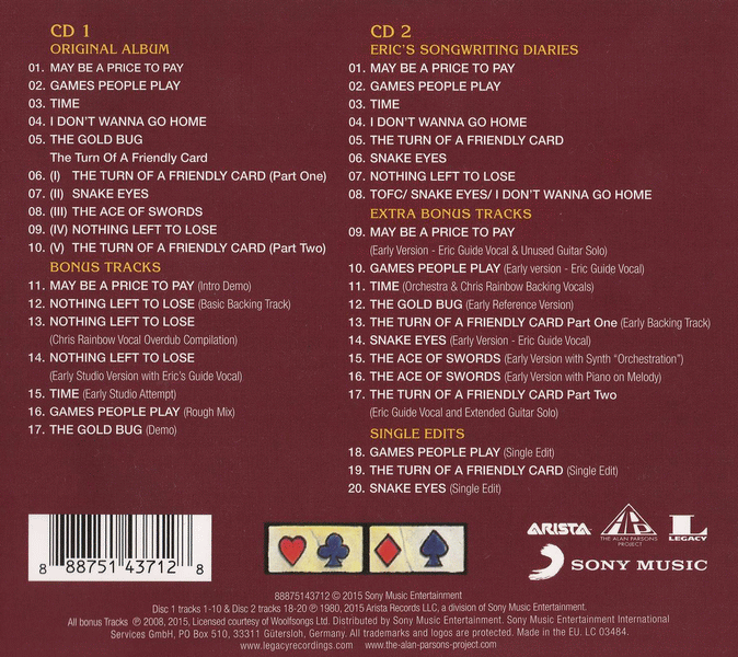 THE ALAN PARSONS PROJECT - The Turn Of A Friendly Card [Deluxe 2CD Anniversary Edition] (2015) back