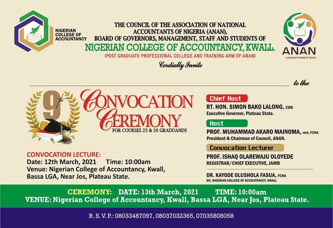NCA Kwall (ANAN) 9th Convocation Ceremony Date 2021