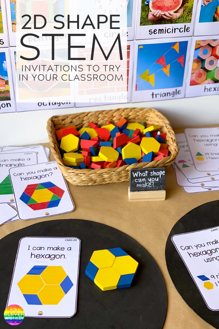2D SHAPE STEM INVITATIONS - Recreate these simple STEM invitations in your classroom to help children learn about 2D shapes and their attributes through play | you clever monkey #stemactivitiesforkindergarten #2dshapeactivities #mathcentersforkindergarten #2dshapeSTEMcenters